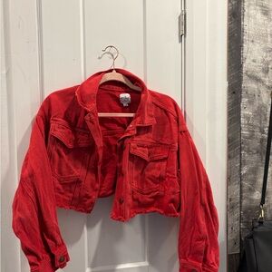 🍓Princess Polly Cropped Red Denim Jacket - Bold Red Crop